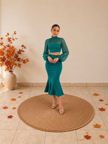 Green Fit Midi Skirt Set.